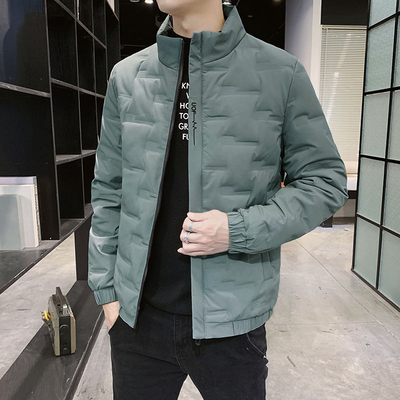 Men's Stand Collar Quilted Jacket with Geometric Quilting and Elastic Cuffs Mune Fashion