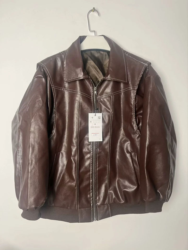 Women's fitted faux leather bomber jacket with contrast quilting and zipper Mune Fashion