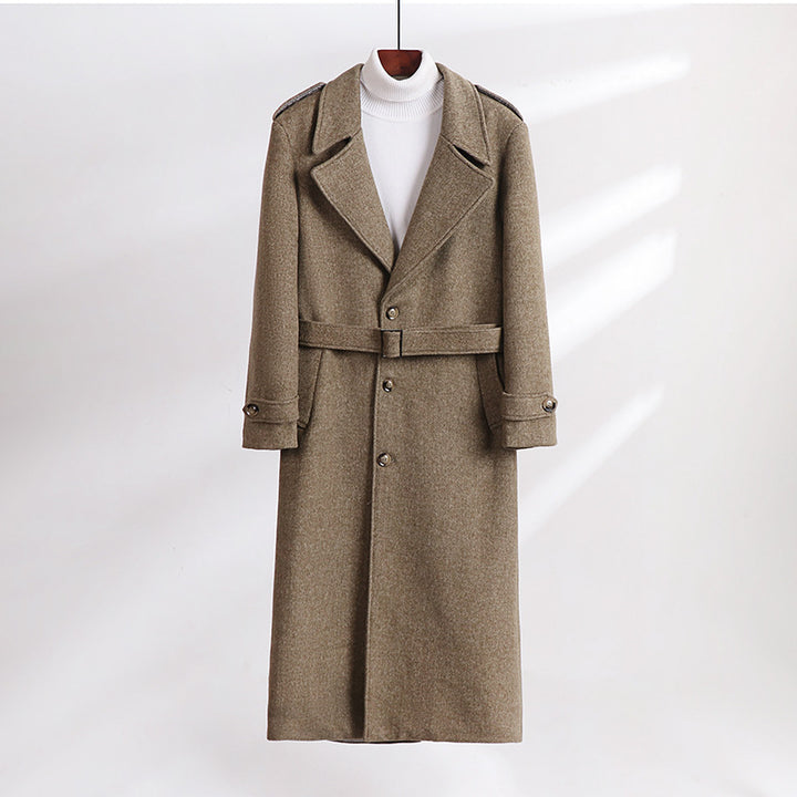 Men's Maxi-Length Wool Blend Overcoat with Boxy Silhouette, Shawl Collar and Decorative Epaulettes Mune Fashion