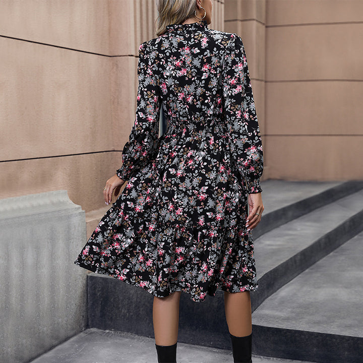 Women's Floral Midi Dress with Smocked Waistband, V-Neck and Ruffled Hem