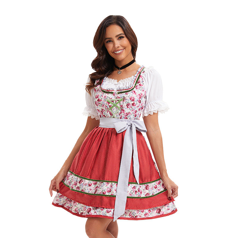 Women's traditional short dirndl dress with lace blouse, lacing and decorative apron Mune Fashion