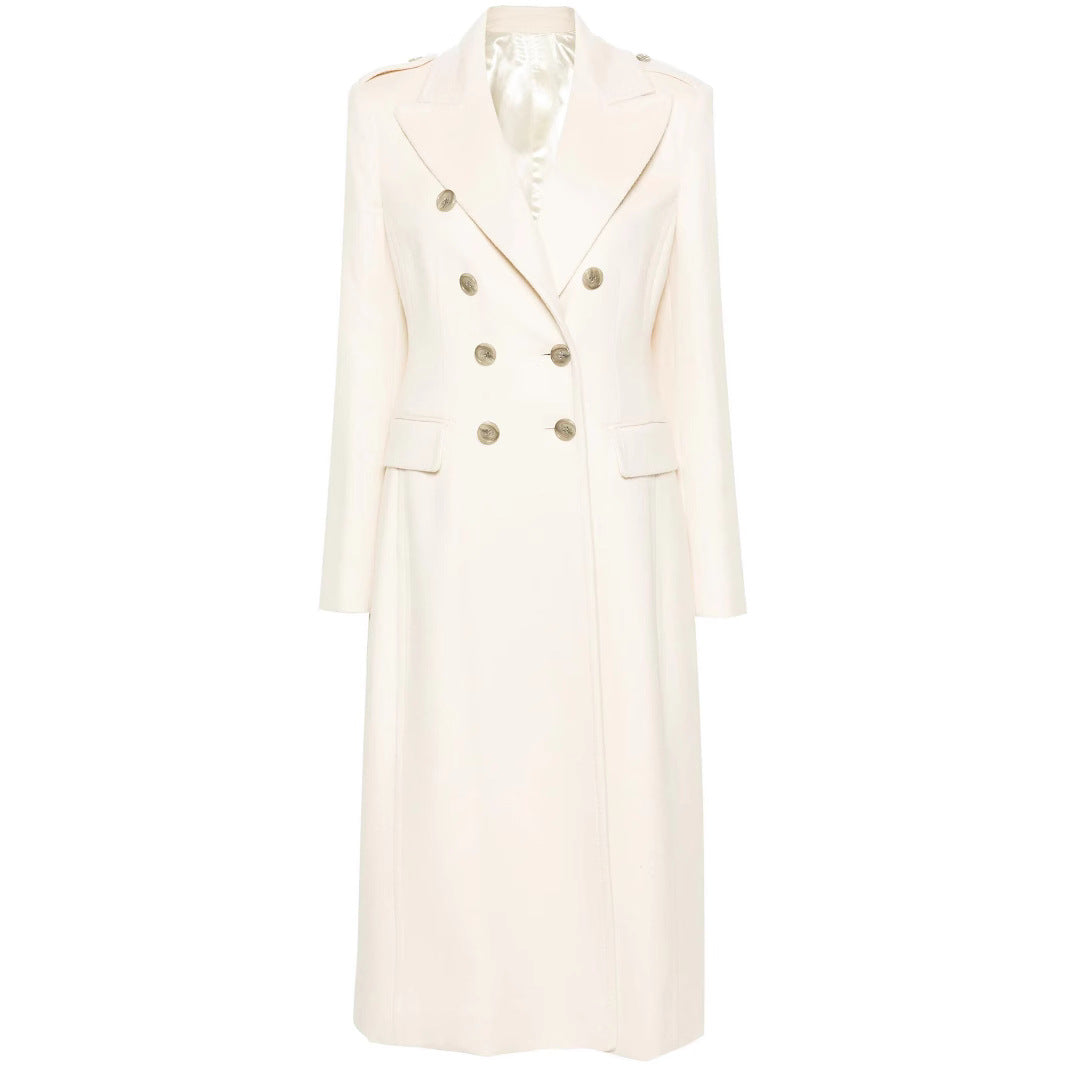 Women Long Double-Breasted Coat made of Wool Blend with High Stand-up Collar and Flap Pockets Mune Fashion