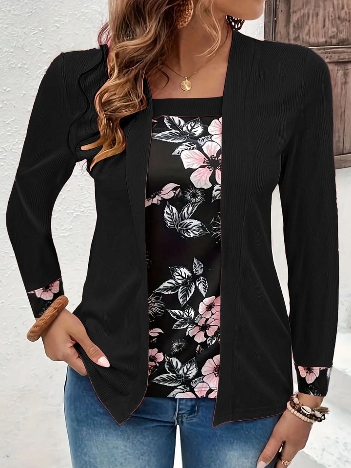 Women's Open Long Cardigan with Textured Crinkle Look and Floral Insert Top Mune Fashion