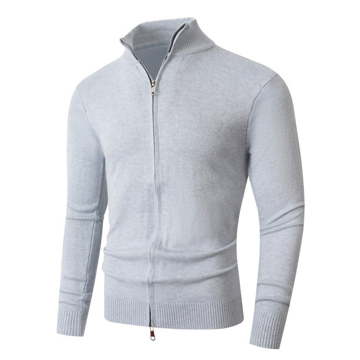 Men's Slim Fit Fine Knit Cardigan with Double Zipper and Stand Collar Mune Fashion