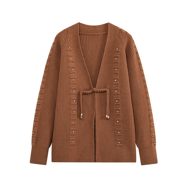 Ladies chunky knit cardigan with rhinestone trim, braided cord, and open V-neck Mune Fashion