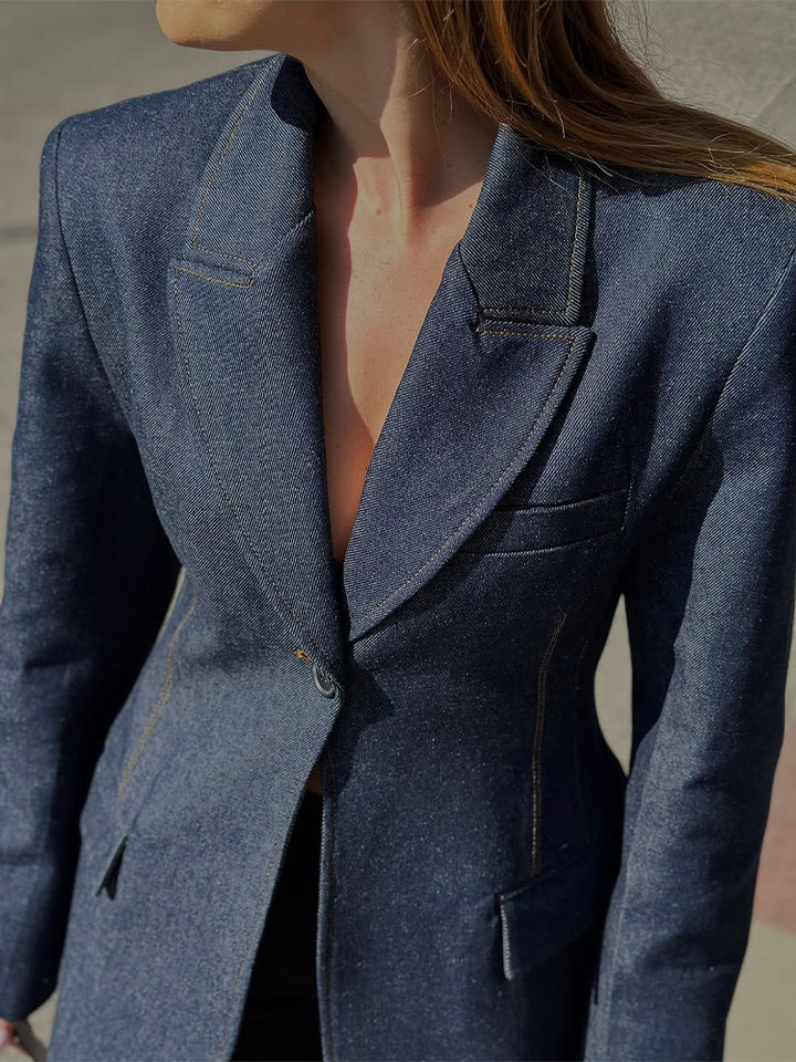 Women tailored jeans blazer with curved lapel Mune Fashion