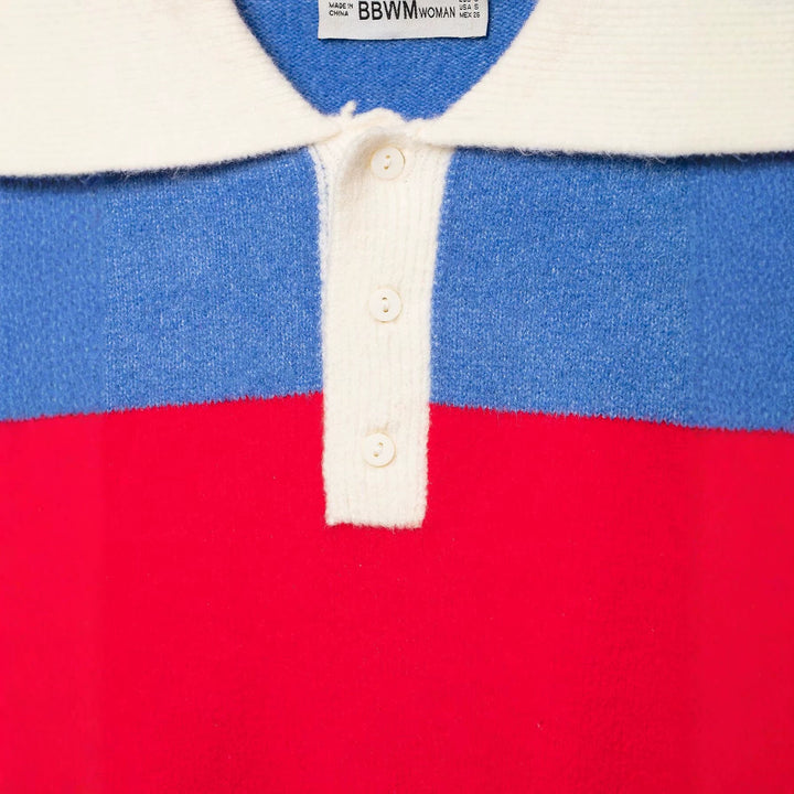 Women's Striped Rugby Sweater with Polo Collar and Short Cut Mune Fashion