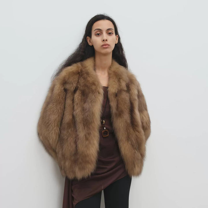 Women’s short coat made of high-pile faux fur with a tailored boxy cut and voluminous shawl collar Mune Fashion