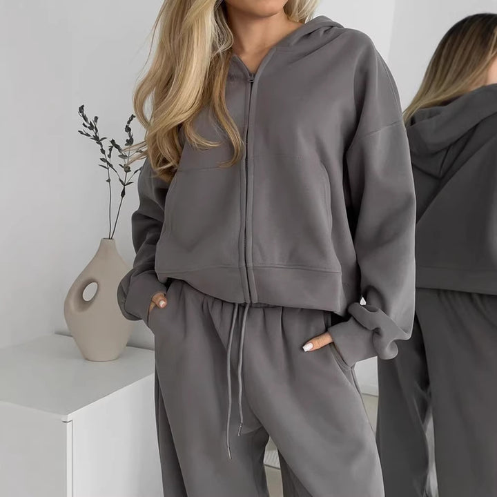 Women's casual hooded sweatshirt with zipper and wide high-waist joggers Mune Fashion