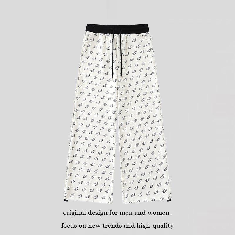 Women's Wide Palazzo Lounge Pants with Elastic Comfort Waistband, Drawstring and Allover Mini Icon Print Mune Fashion