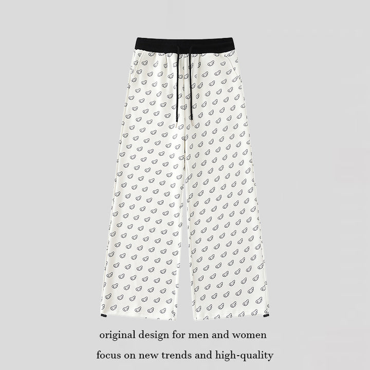 Women's Wide Palazzo Lounge Pants with Elastic Comfort Waistband, Drawstring and Allover Mini Icon Print Mune Fashion