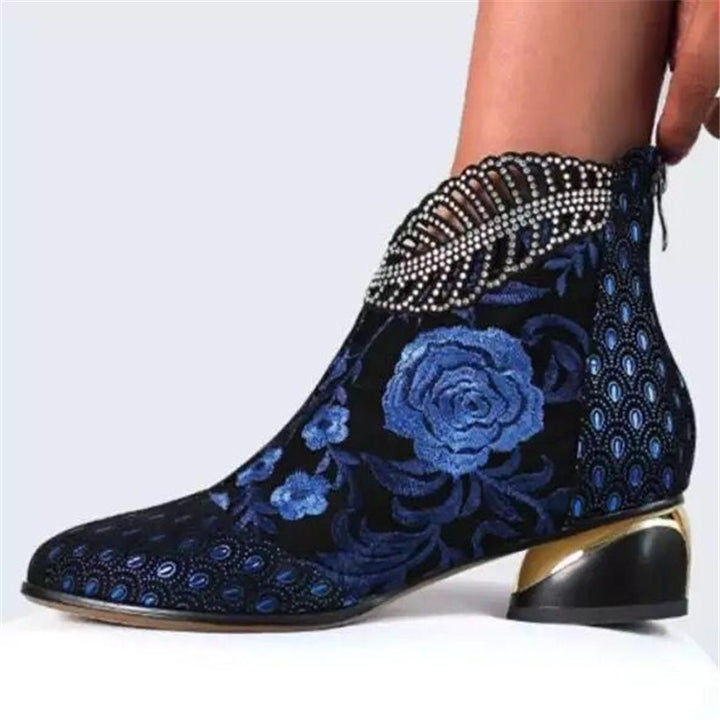 Women's embroidered ankle boots with velvet insert, pearl embellishments, and sculpted block heel Mune Fashion