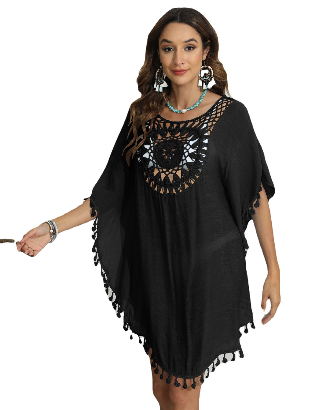 Women's crocheted beach cover-up with fringe and round neck Mune Fashion