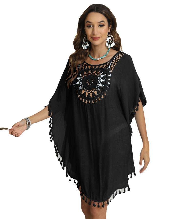 Women's crocheted beach cover-up with fringe and round neck Mune Fashion
