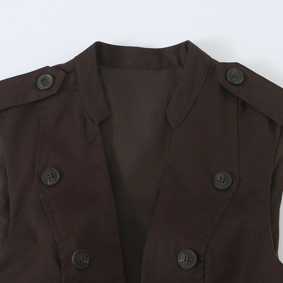 Women's sleeveless blazer dress in trench style with double-breasted button placket and flared hem Mune Fashion