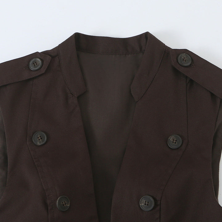 Women's sleeveless blazer dress in trench style with double-breasted button placket and flared hem Mune Fashion