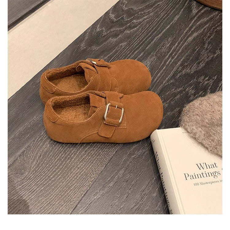 Women's Padded Suede Mary Jane Slippers with Adjustable Metal Buckle Mune Fashion