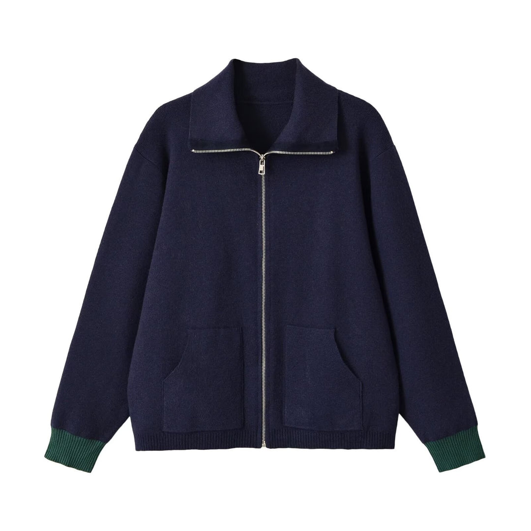 Women's Chunky Knit Oversized Zip Jacket with Stand-Up Collar and Patch Pockets Mune Fashion