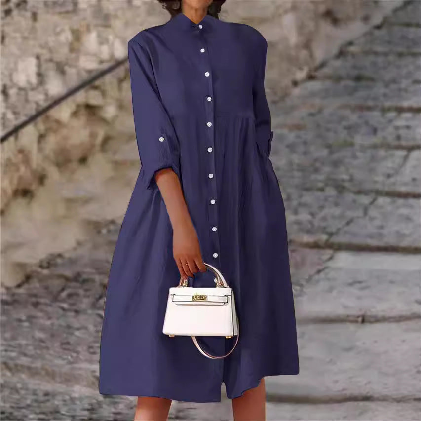 Women's Oversize Midi Dress in Linen Look with Standing Collar, Button Placket and Side Pockets Mune Fashion