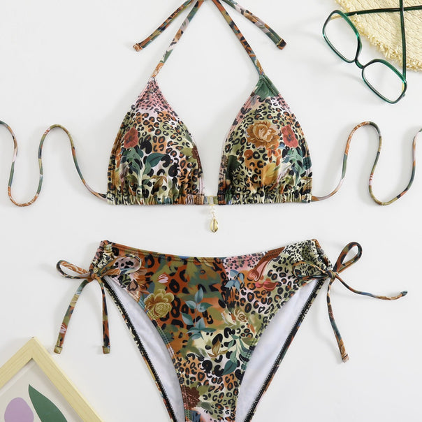 Women's triangle bikini set with floral leopard pattern Mune Fashion