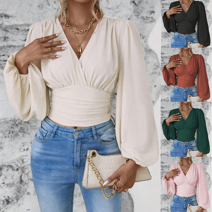 Women's Wrap Cropped Top with Gathered Waist and Wide Balloon Sleeves Mune Fashion