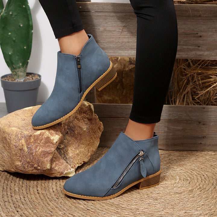 Women's Short Ankle Boots with Side Zipper and Stacked Block Heel Mune Fashion