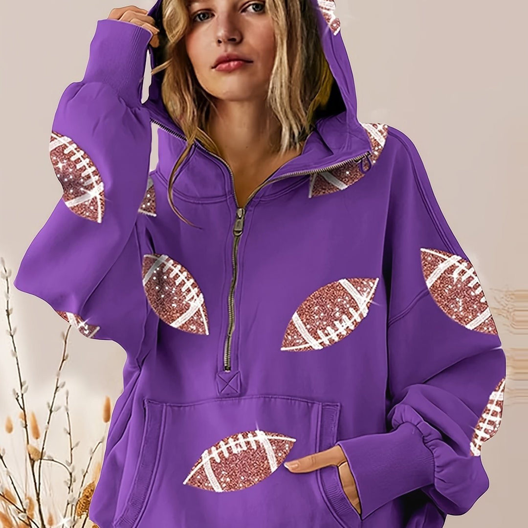 Women's Oversized Hoodie with Half Zipper and Sequin Football Application Mune Fashion