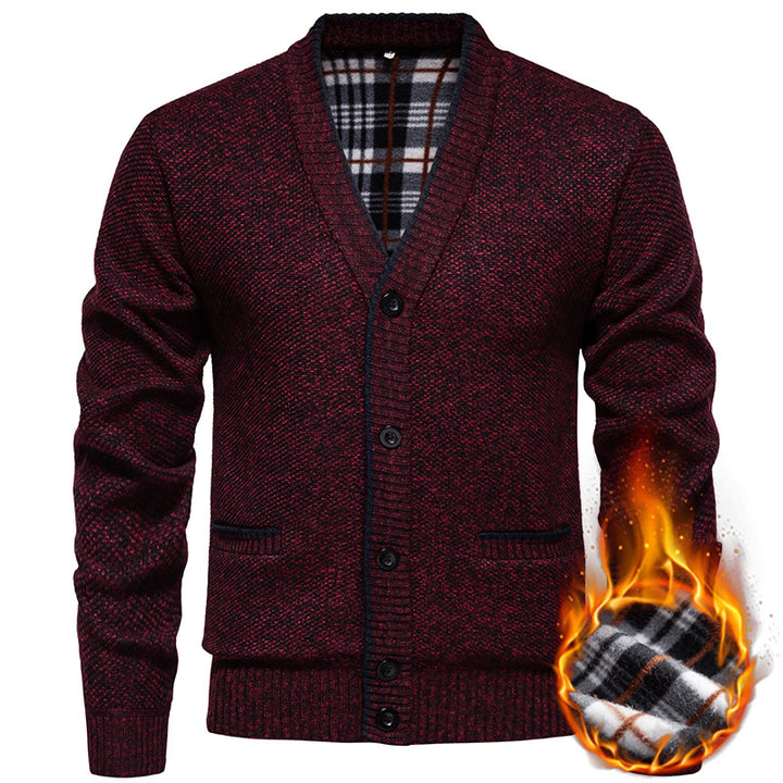 Men's Structured V-Neck Knit Cardigan with Contrasting Edge and Checked Lining Mune Fashion