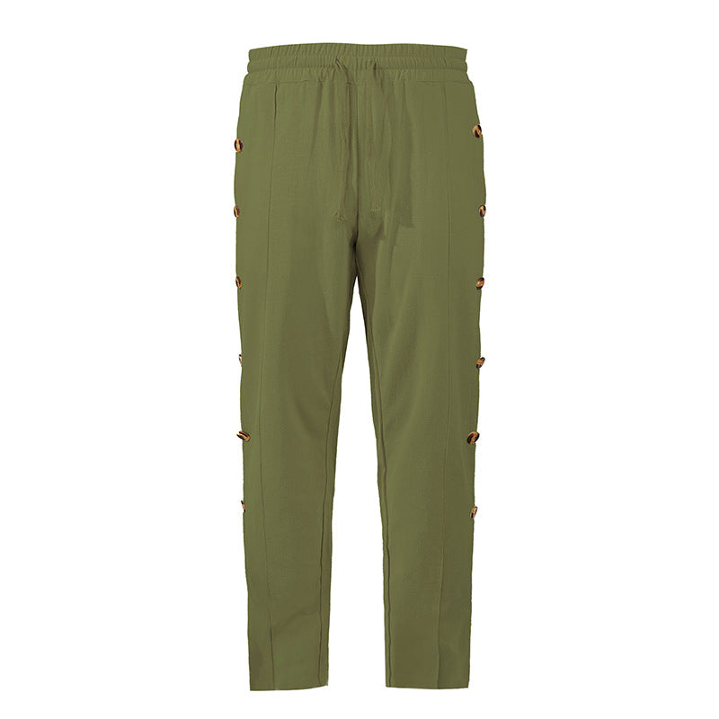 Men's Relaxed-Fit Casual Pants with Side Decorative Button Plackets, Elastic Waistband and Drawstring Mune Fashion