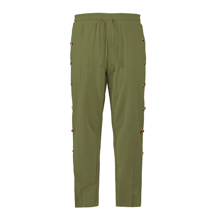 Men's Relaxed-Fit Casual Pants with Side Decorative Button Plackets, Elastic Waistband and Drawstring Mune Fashion
