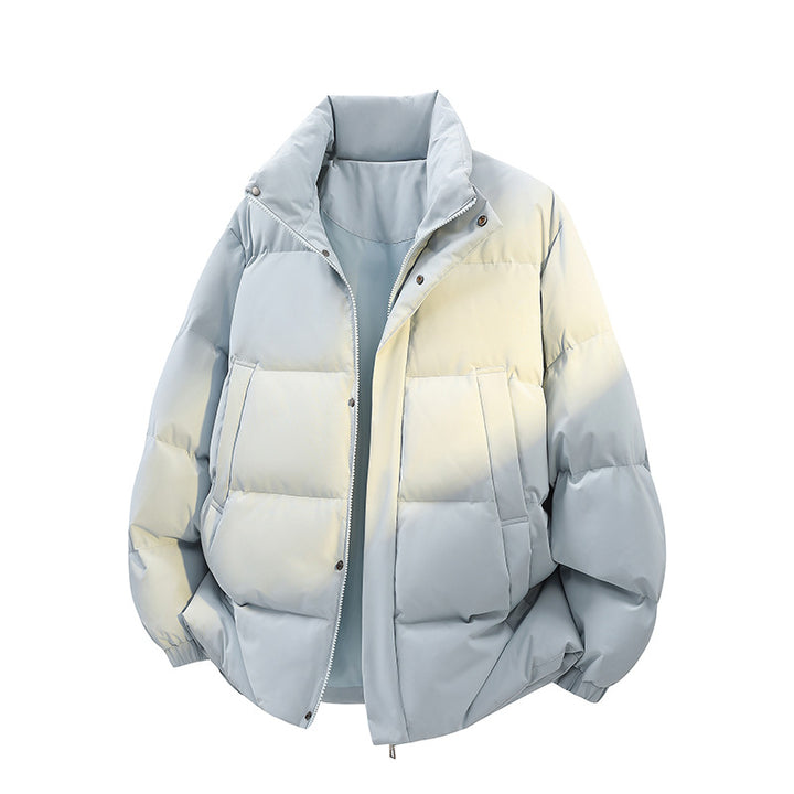Men's Short Cut Oversized Puffer with Stand-Up Collar, Snap Placket and Concealed Zipper Mune Fashion