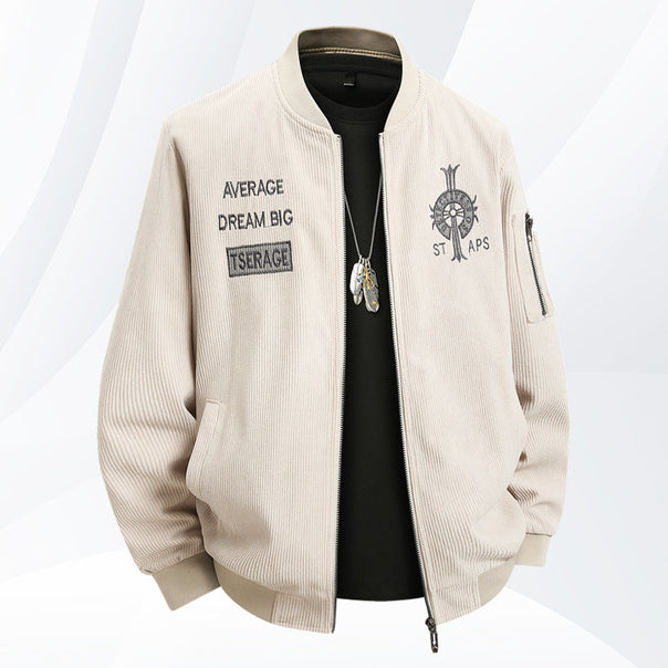 Men's  textured ribbed bomber jacket with embroidered chest crest and zip sleeve pocket Mune Fashion