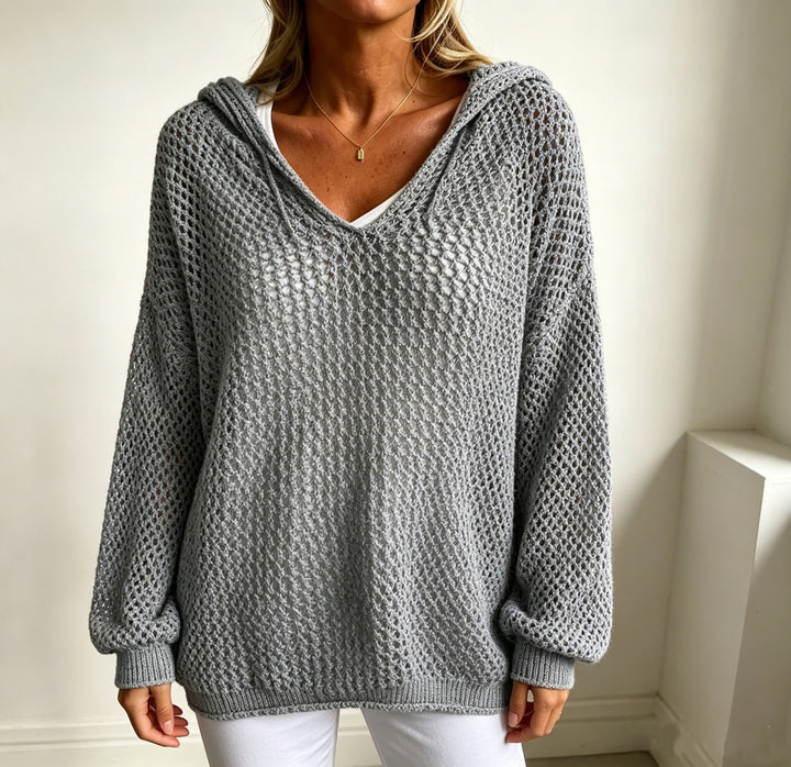 Women's Chunky Knit V-Neck Sweater with Hood and Lace Pattern Mune Fashion