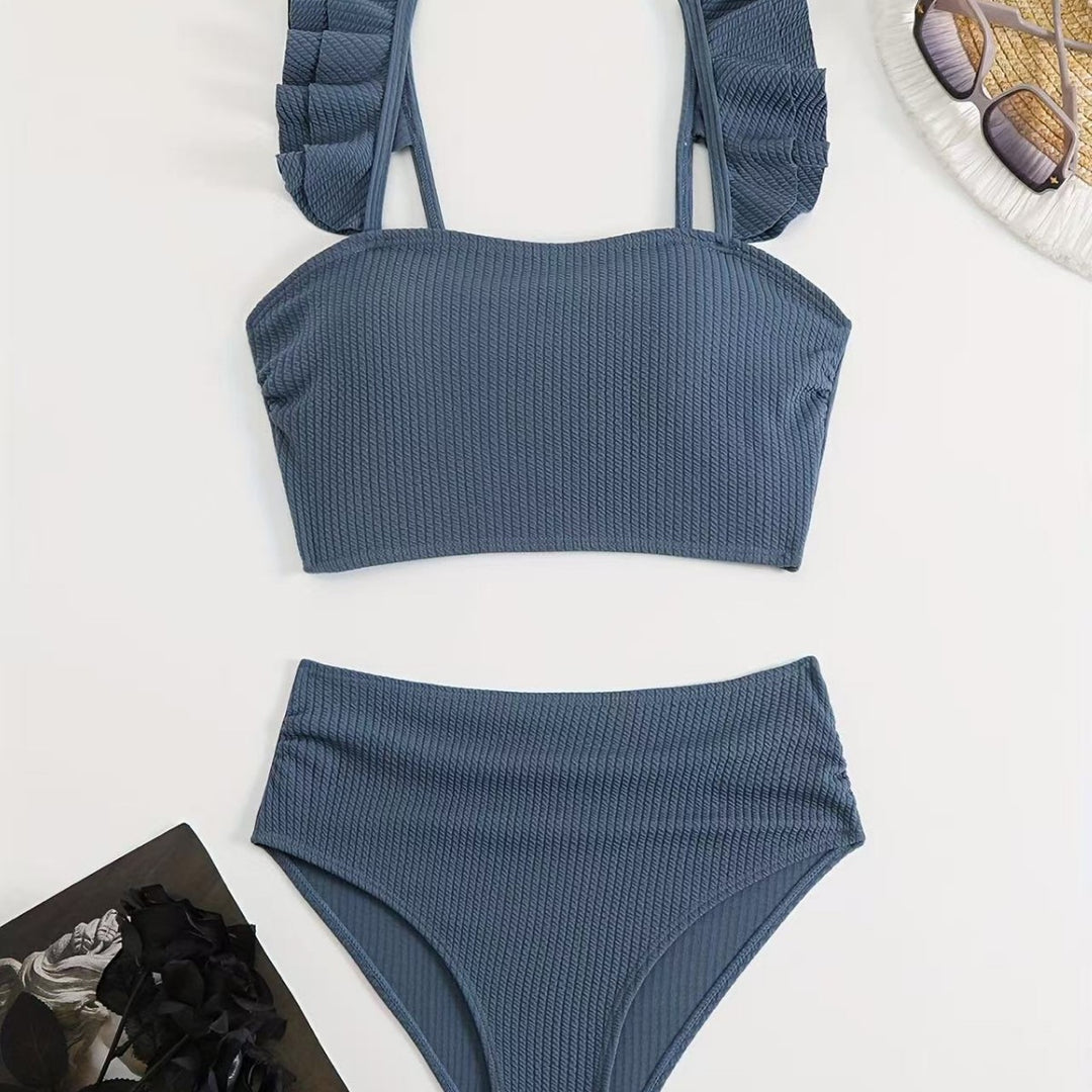 Women's High-Cut Swim Top with Ruffle Details and Matching Bikini Bottom Mune Fashion
