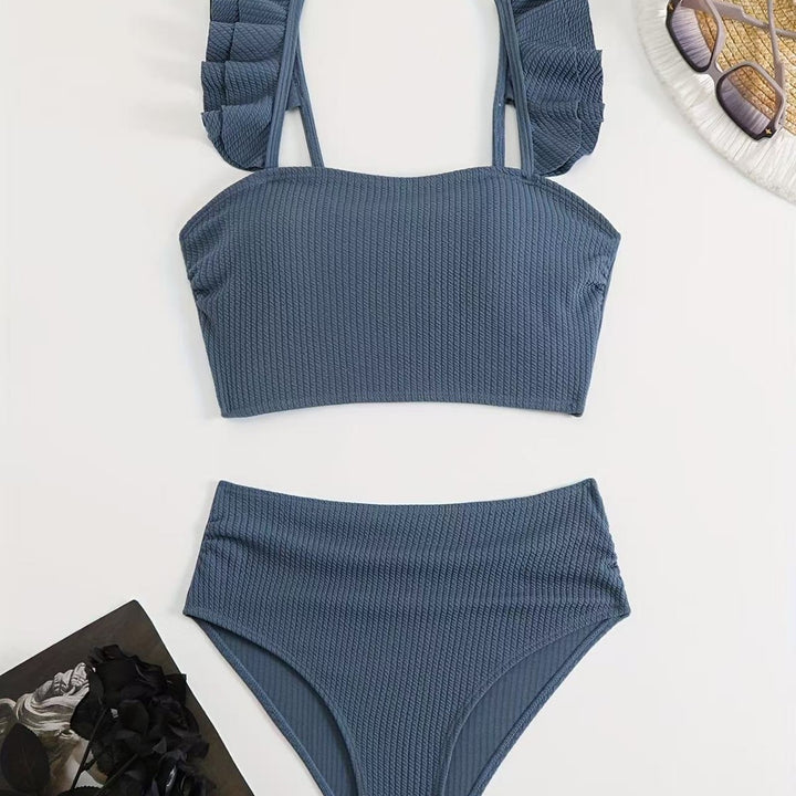 Women's High-Cut Swim Top with Ruffle Details and Matching Bikini Bottom Mune Fashion