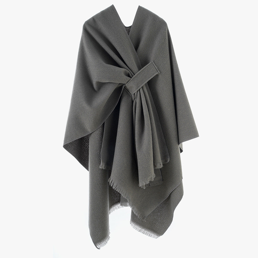 Women's lightweight wool blend wrap with fringes and tie belt Mune Fashion