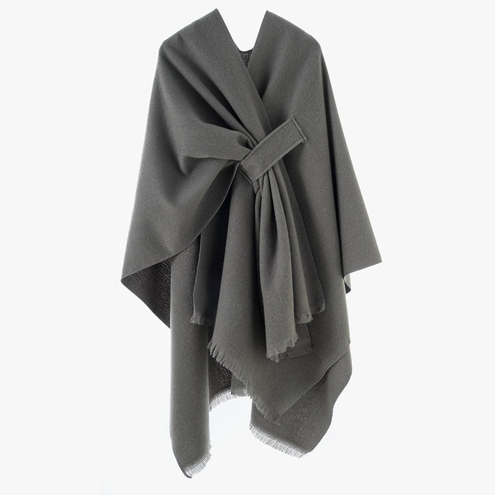 Women's lightweight wool blend wrap with fringes and tie belt Mune Fashion