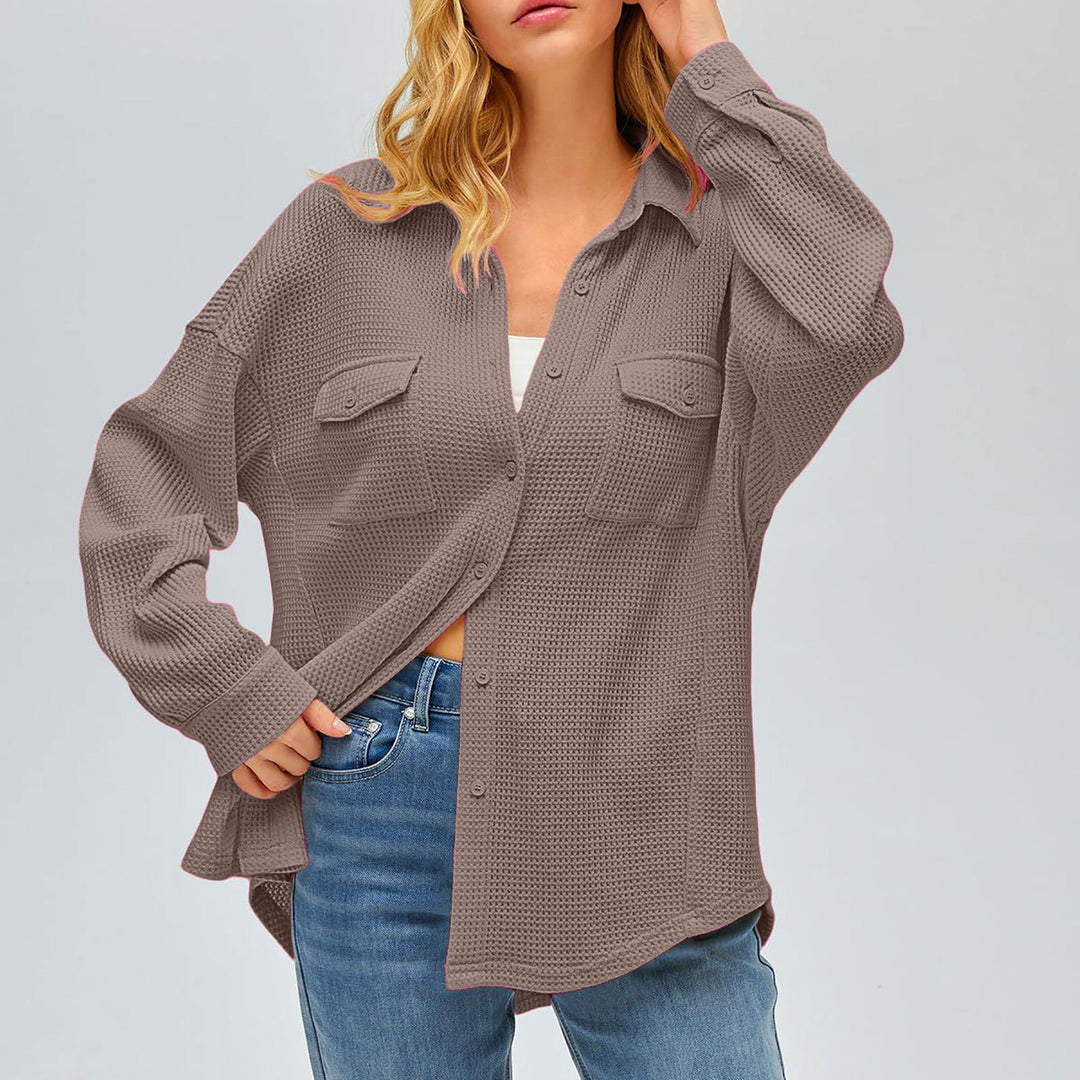 Women's oversized waffle knit shirt jacket with chest pockets and button placket Mune Fashion