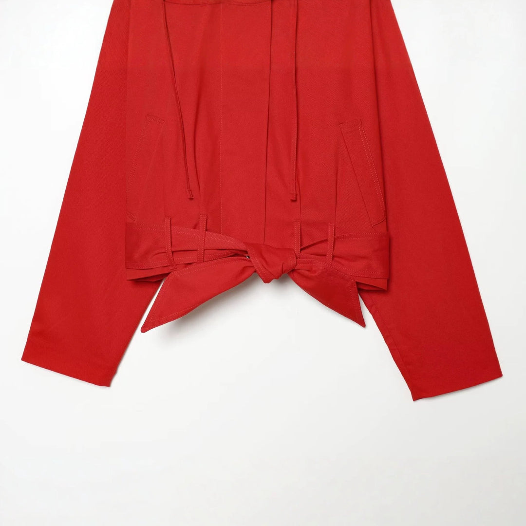 Women's Cropped Trench Coat with Drawstring, Knot Belt and Distinctive Stand Collar Mune Fashion