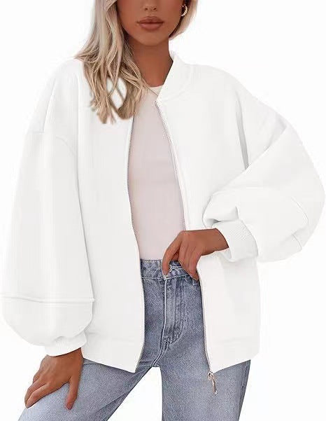 Women's Oversize Bomber Jacket with Balloon Sleeves and Zipper