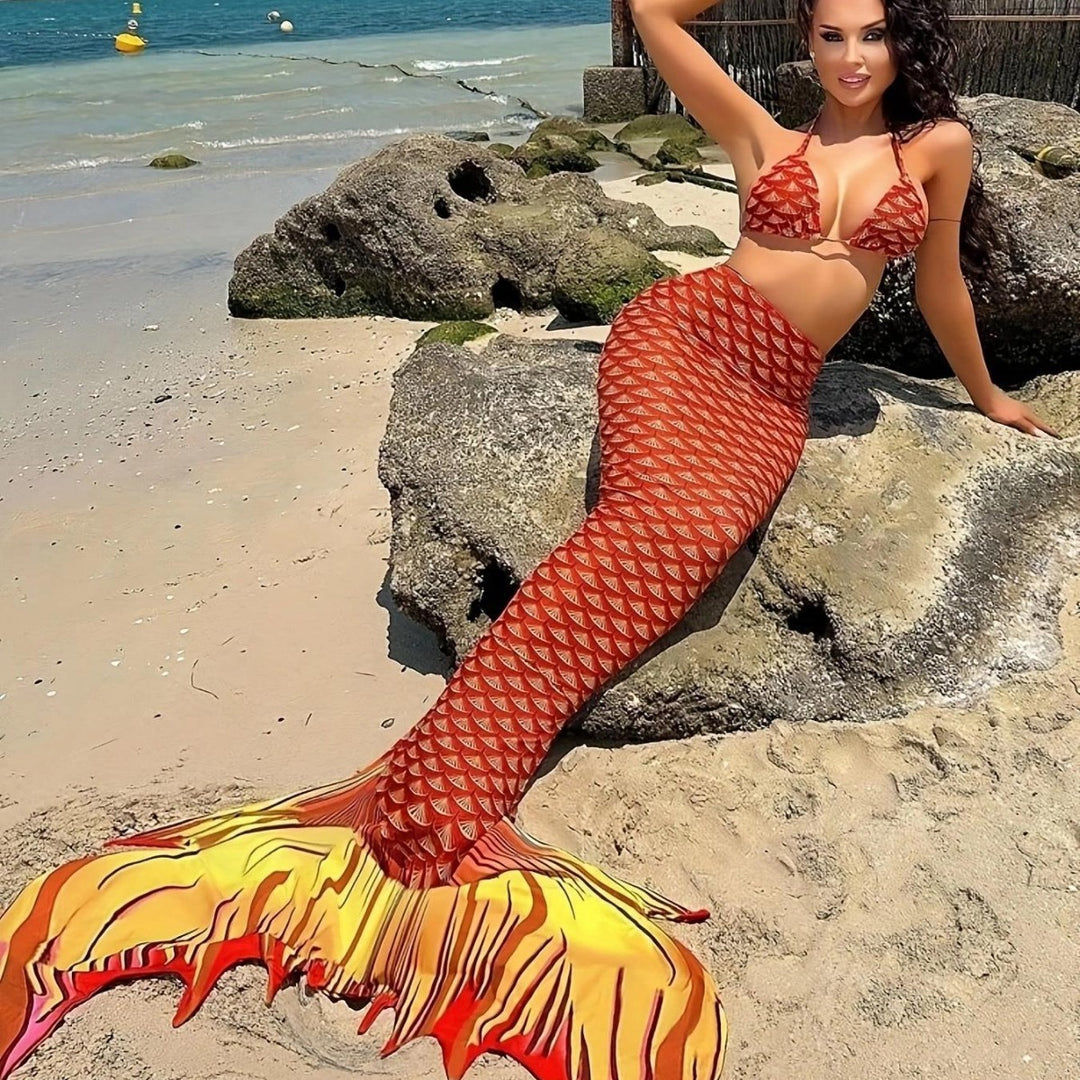 Women Mermaid Bikini with Shimmering Tail Fish Pattern Mune Fashion