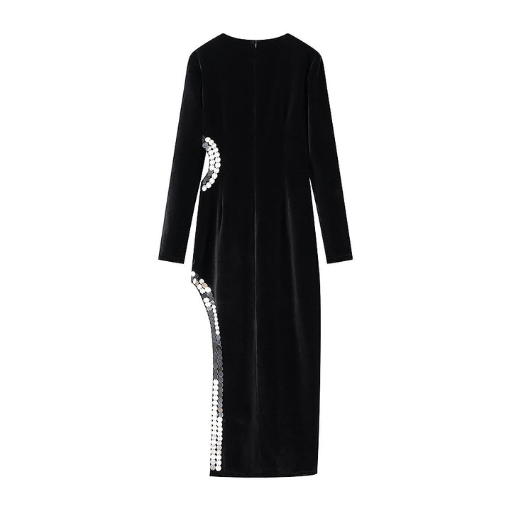 Women's Figure-Hugging Velvet Maxi Dress with Long Sleeves and Side Sequin Detailing Mune Fashion