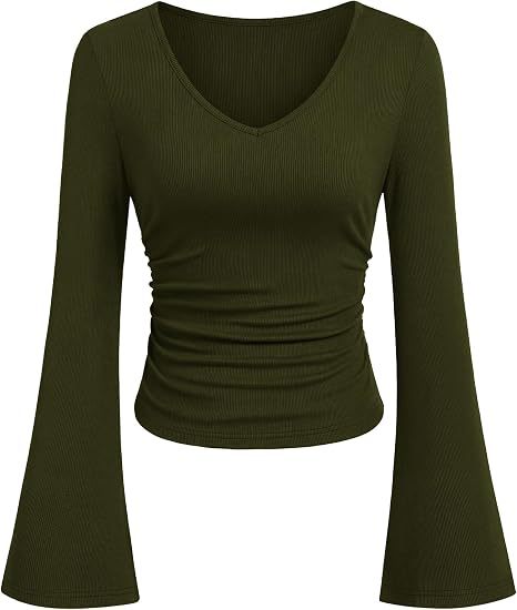 Women's Ribbed Crop Top with V-Neck, Tailored Gathering and Flared Trumpet Sleeves Mune Fashion