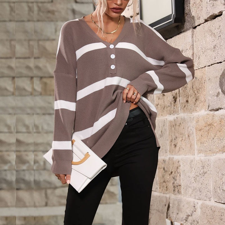 Women's Casual Knit Sweater with V-Neck and Button Placket Mune Fashion