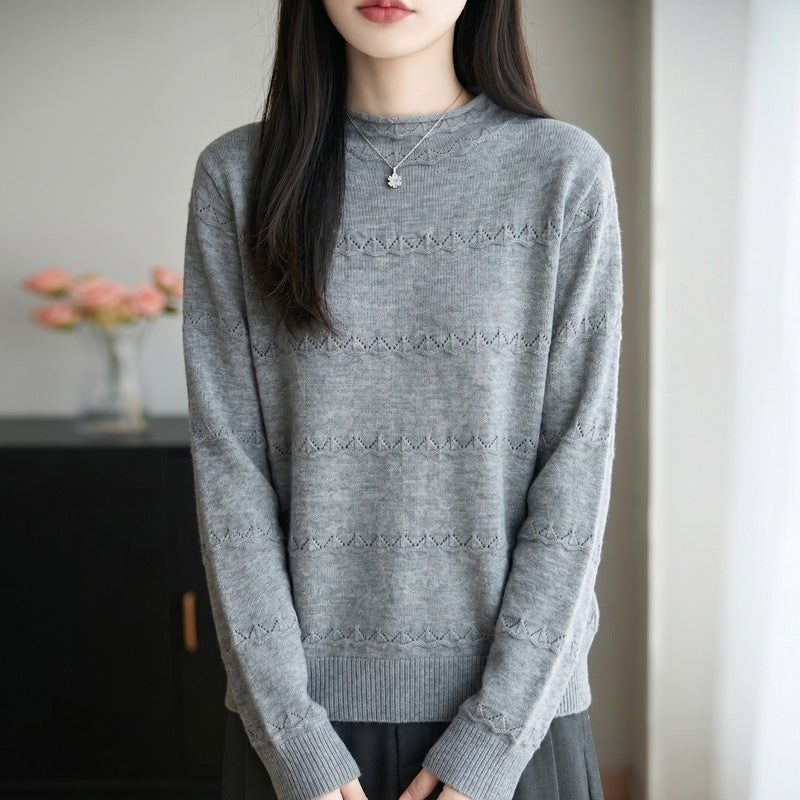 Women's lightweight lace-knit pullover with short stand-up collar and fine ribbed hem Mune Fashion