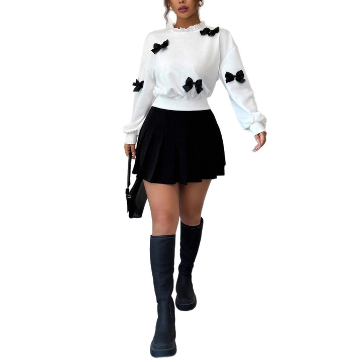 Women Cropped Sweatshirt with Ruffled Collar, Balloon Sleeves and Decorative Bow Details
