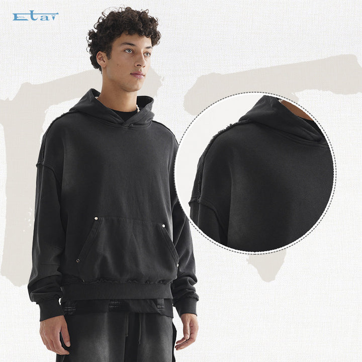 Unisex Oversized Hoodie with Frayed Hem, Kangaroo Pocket and Washed Bleach Effect Mune Fashion