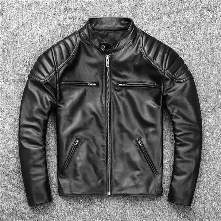 Men's Vintage Biker Leather Jacket with Stand Collar and Quilted Shoulder Padding Mune Fashion