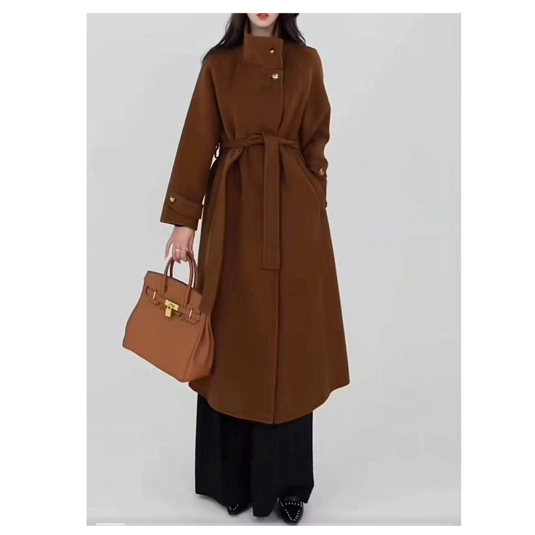 Women's wool coat with waist belt and stand-up collar Mune Fashion