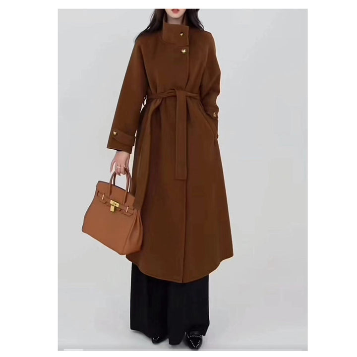 Women's wool coat with waist belt and stand-up collar Mune Fashion